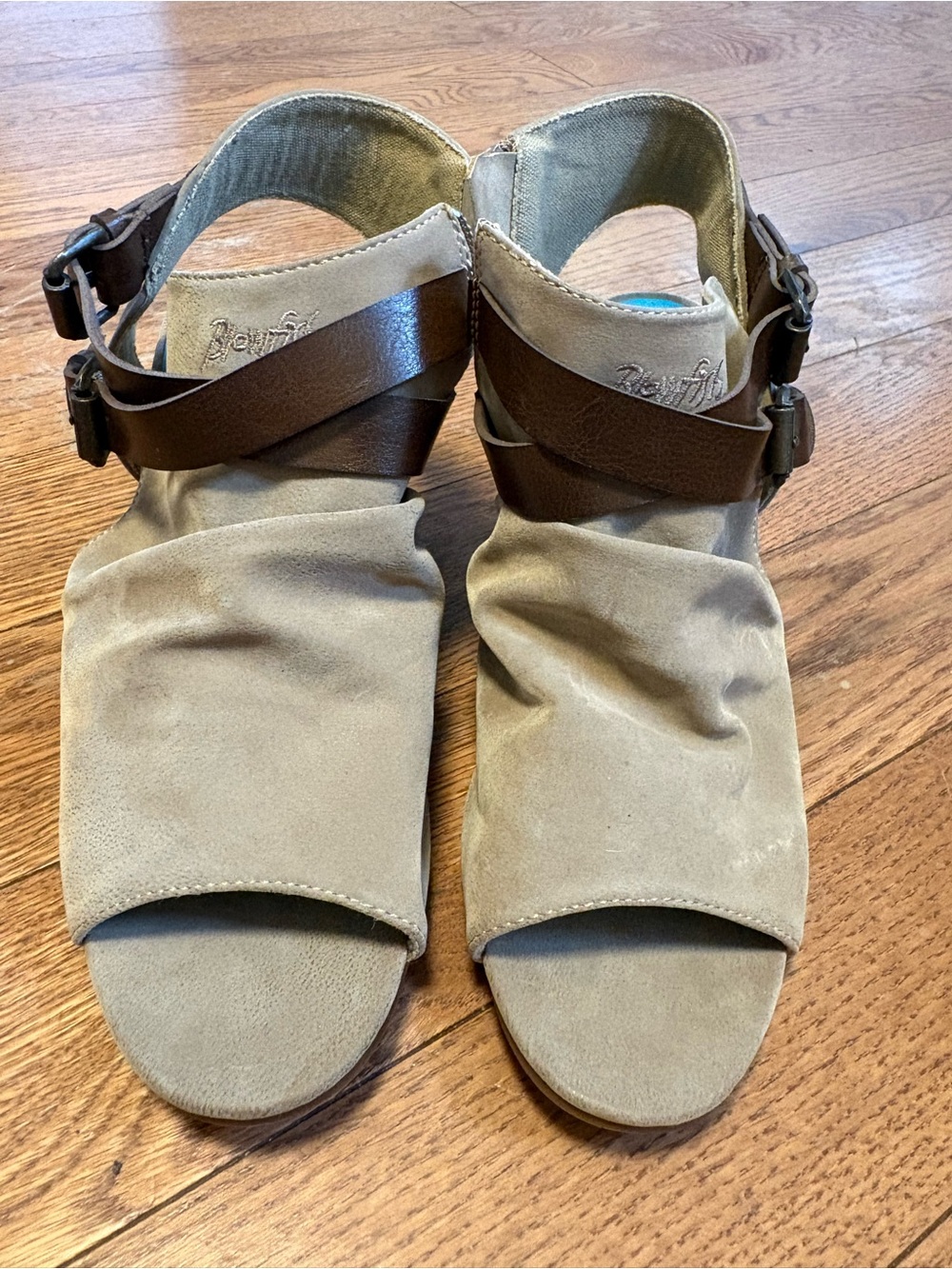 Blowfish Taupe Suede Open-Toe Wedge Sandals with Brown Straps